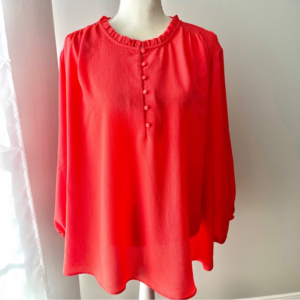 Cato Est 1946 Sz 26/28 Bright Coral Prairie Style Blouse High Neckline Ruffle